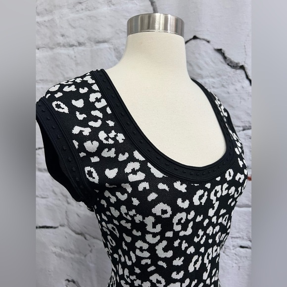 Rebecca Taylor Revolve Leopard Stretch Knit Black White Sweater Dress Aline - Picture 8 of 11